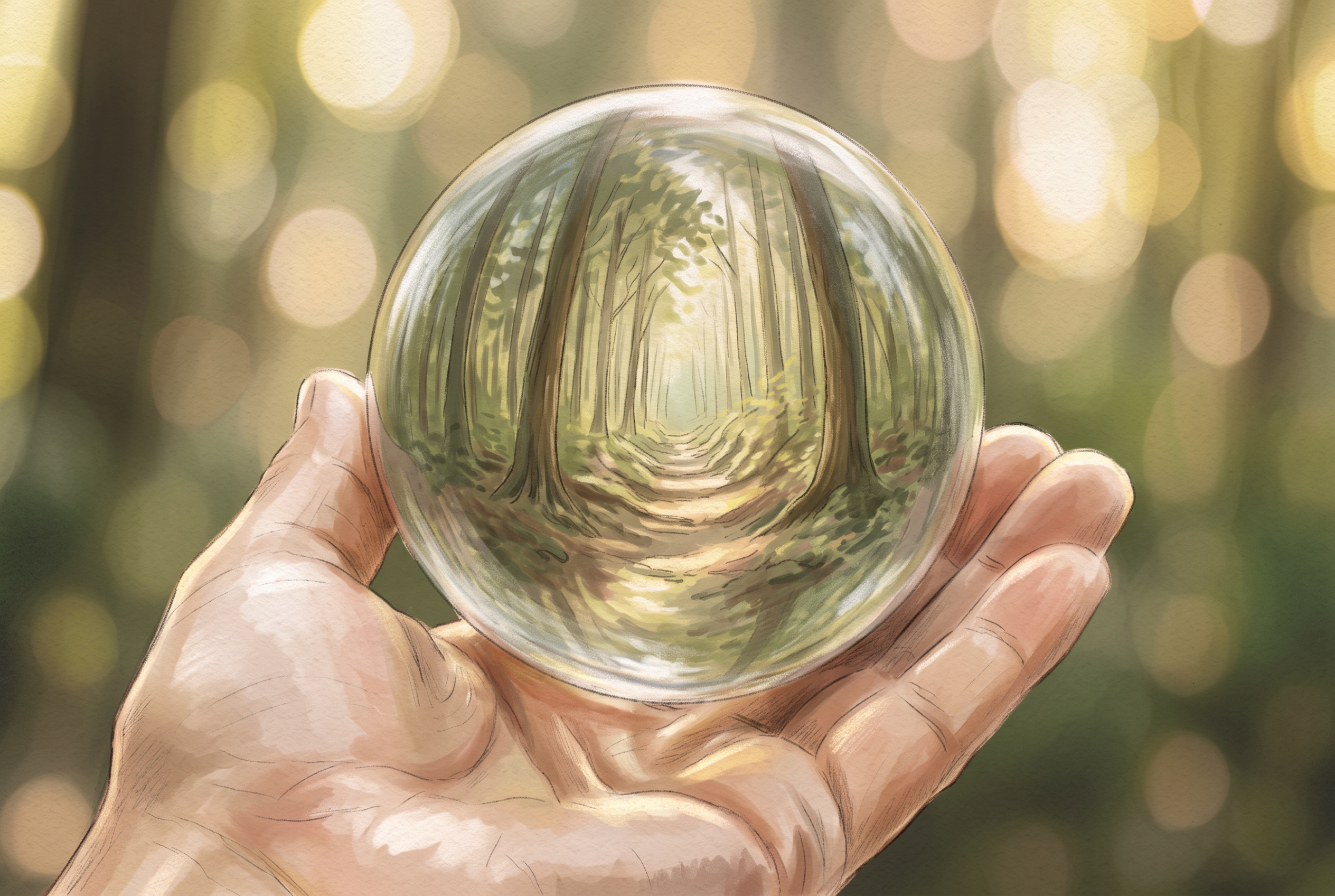 Illustrated scene of a hand cradling a glass orb holding a forest with a winding path
